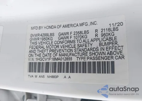 2021 Honda Accord Lx z USA, uszkodzony, nr VIN 1HGCV1F18MA012855